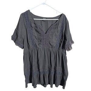 Torrid Blouse Womens Size 14 Black gray Crochet Trim  Lace babydoll